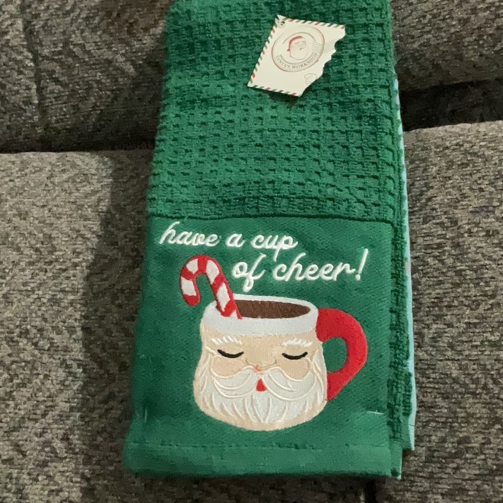 NWT 2 pack Christmas kitchen towels. 1 green- have a cup of cheer, 1 green plaid